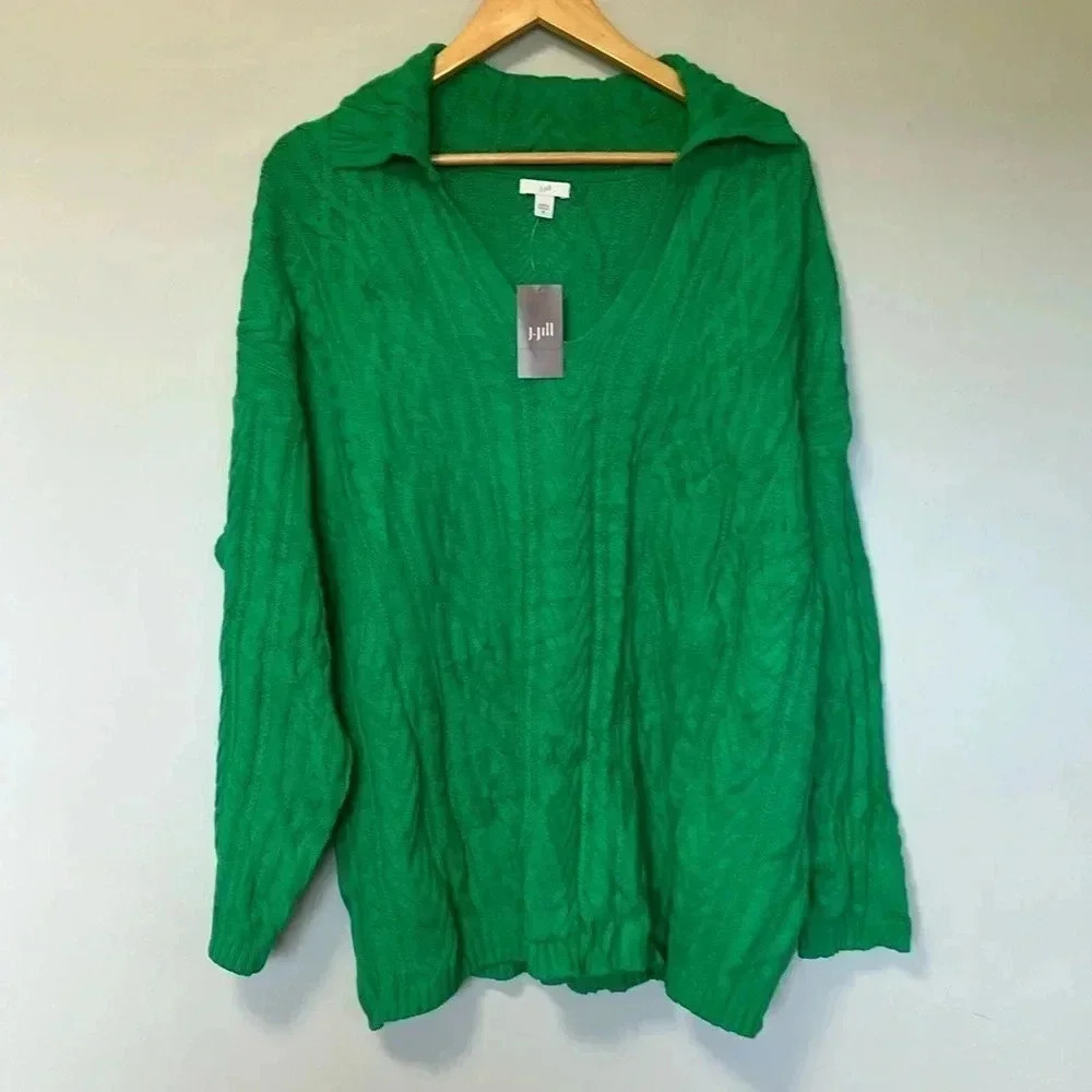 NWT J. Jill meadow green cable knit cotton blend sweater